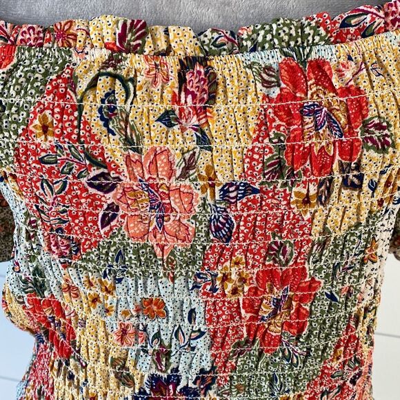 Orange and Red Puff Sleeve Smocked Blouse - Picture 2 of 8